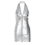 Damenbekleidung, Sommer, Kunstleder, einfarbig, sexy Neckholder, Reißverschluss, schmale Passform, kurzes Kleid für Damen