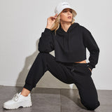 Autumn Winter Fleece Lined Long-Sleeved Short Sweater Women cropped Hooded Fleece Shirt Women Solid Color Straight Leg Pants Suit