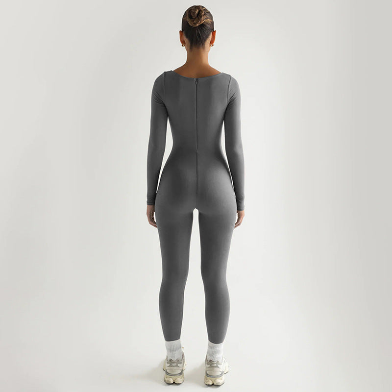 Sexy Soft High Elastic Long Sleeve Tights U Collar Stitching Trousers Jumpsuit