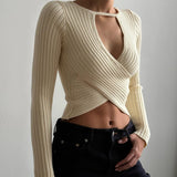 Herbst Frauen Kleidung Sexy Sexy Aushöhlen Ausschnitt Gestrickte Gewinde Langarm Crop Top