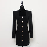 Spring Autumn Solid Color Square Collar Single Breasted Long Sleeve Zipper Short Women  Dress - Angelique