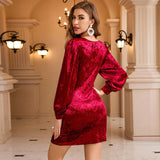 Women Clothing Autumn Winter V Neck Velvet Sheath Dress Sexy V neck Party Gathering Dress