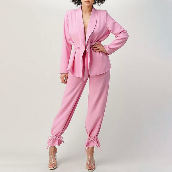 Autumn Winter Blouse Pants Pink Simple Lace Suit High Waist Narrow Bottom of a Trouser Leg Trousers