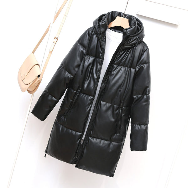 Hooded Faux Leather Coat Women Mid-Length Leather Jacket Thermal Cotton Coat Jacket