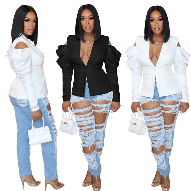 Blazer Autumn Sexy White Women Clothing Bubble Long Sleeve off Shoulder Blazer Women - Angelique