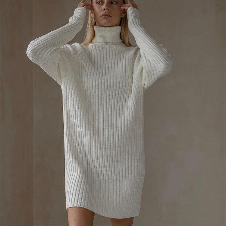 Long Sleeve High Collar Sweater Dress Women Casual Loose Thick Sunken Stripe Solid Color Sheath Autumn Winter Knitting Dress