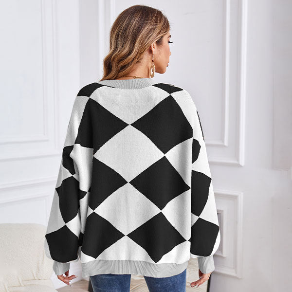 Winter V Neck Geometric Abstract Stitching Contrast Color Knitted Cardigan Casual Loose Jacket Women