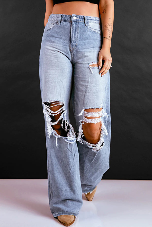 Women Loose Retro High Waist Ripped Wide Legged Jeans