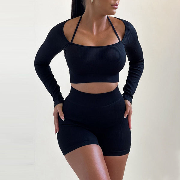 Autumn Winter Women Knitted Thread High Elastic Beauty Back Exercise Fitness Two Piece Suit Women