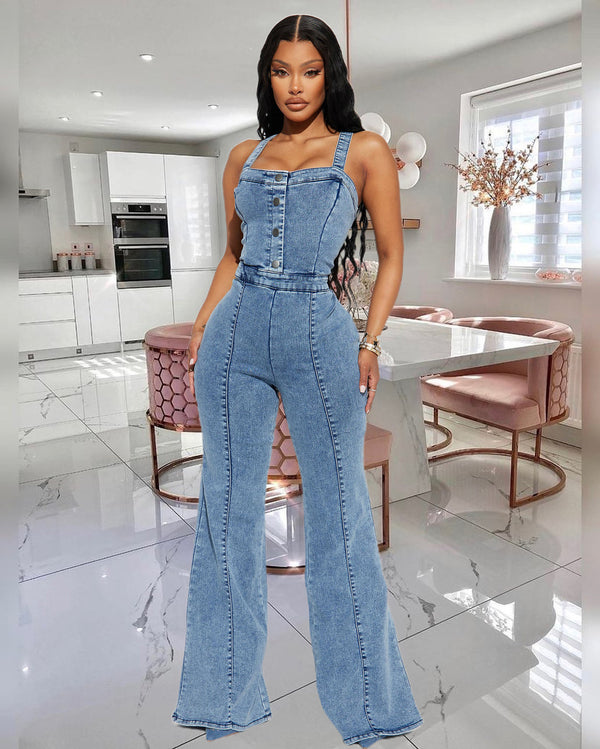 Jeans-Overall für Damen, schmal geschnitten, Bodysuit, Taille, eng anliegend, gewaschener Straps-Overall