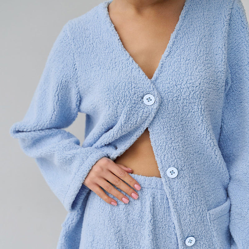 Bequemer, warmer, langärmliger Pyjama aus blauer Wolle, zweiteiliges Set, exklusiv für Damen-Homewear