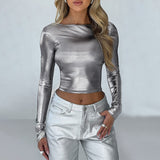 Damenbekleidung Winter Slim Fit Kurz geschnittenes, passendes Langarm-Oberteil Damen Metallic-beschichteter Stoff