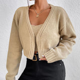 Kleidung Einfarbiger Langarm-Kurzmantel V-Ausschnitt Strickjacke Crop Top Spaghettiträger Kleiner Pullover Zweiteiliges Set