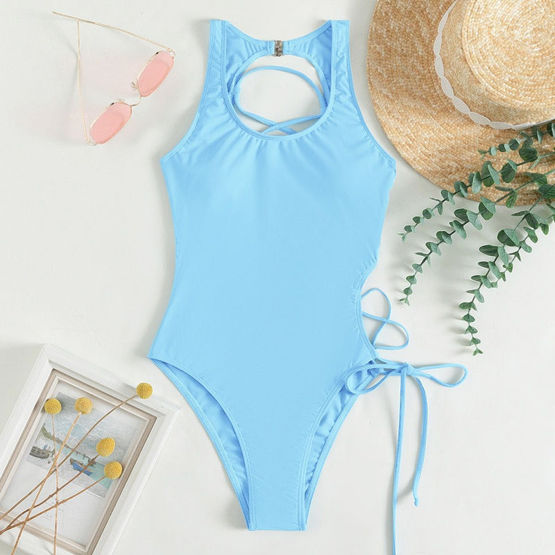 Swimwear Solid Color Bikini Sexy Hollow Out Cutout out Tied Bikini Women Adjustable One Piece Swimsuit