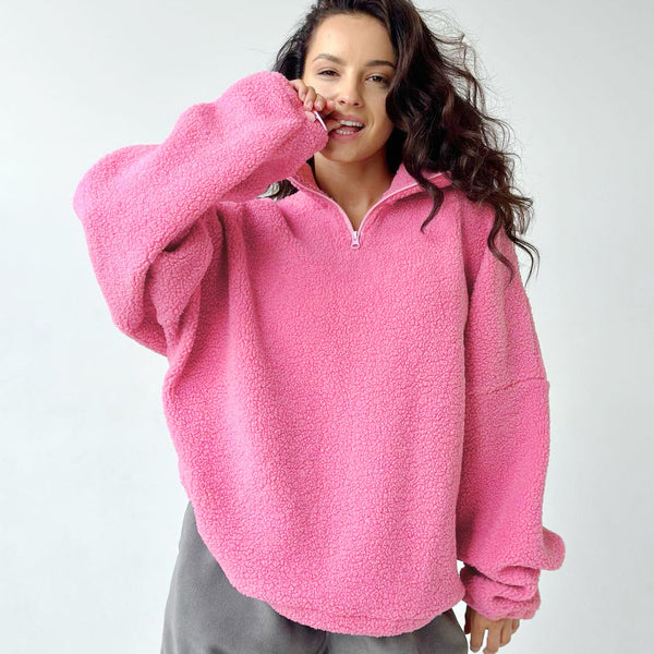 Lässiger rosa Lammwolle-Pullover mit lockerem Stehkragen und langen Ärmeln, alle passenden Herbst-Winter-Damenbekleidung