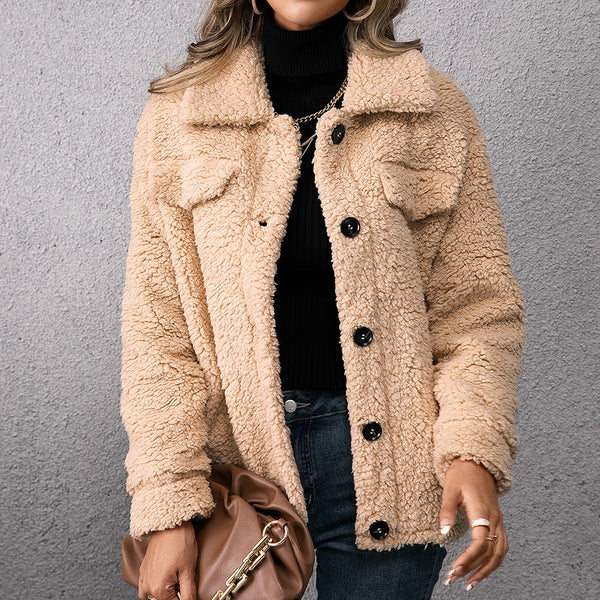 Loose Casual Polo Collar Plush Jacket Coat Lamb Wool Wool Coat Single Breasted Trench Coat Women