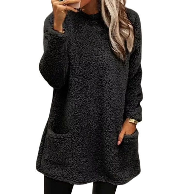 Frauen Kleidung Herbst Winter Langarm Rundhals Pullover Casual Lose Fleece Sweatshirt Tasche