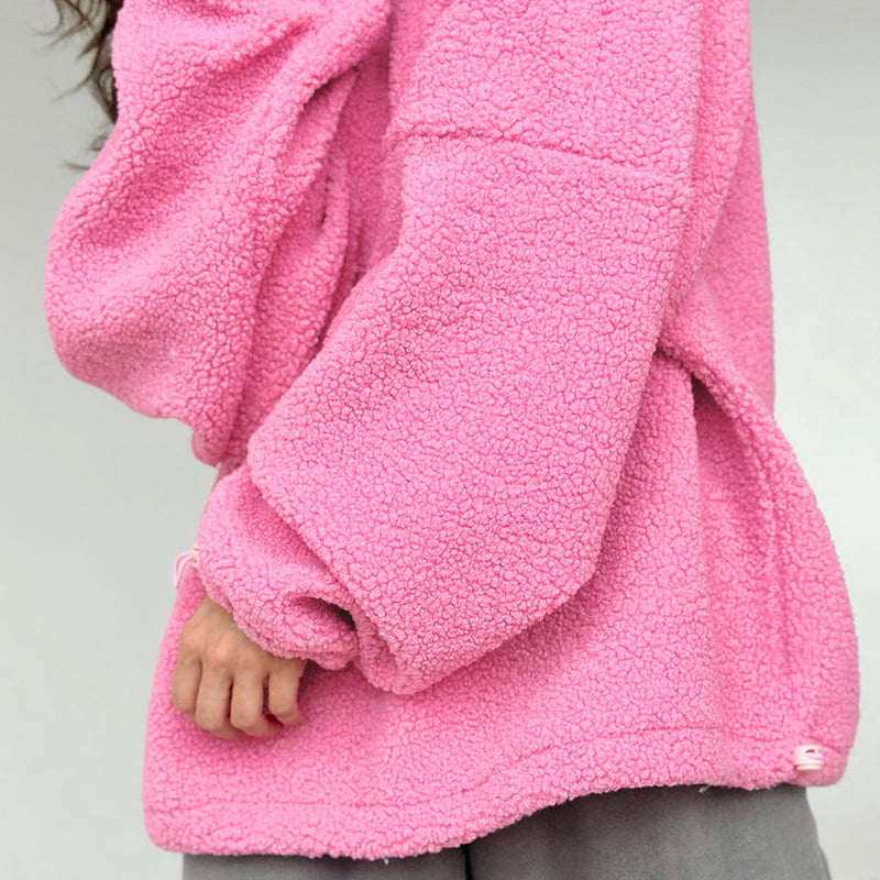 Lässiger rosa Lammwolle-Pullover mit lockerem Stehkragen und langen Ärmeln, alle passenden Herbst-Winter-Damenbekleidung