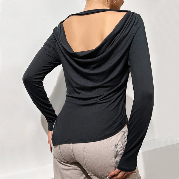 Frauen Kleidung Herbst Winter Elegante Backless Slim Fit Unregelmäßige Asymmetrische Schlitz Innen Bodenbildung Shirt Langarm Top