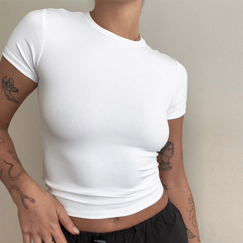 Spring Summer Basic round Neck Short Sleeve T shirt Women Tight Sexy Simple Solid Color Top Women