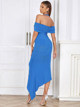 Dress Summer Fashionable Simple Sexy Halter Off Shoulder Pleated Slim Dress