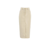 Light Khaki Fleece Lined Artificial Leather High Waist Slit Skirt Autumn Women