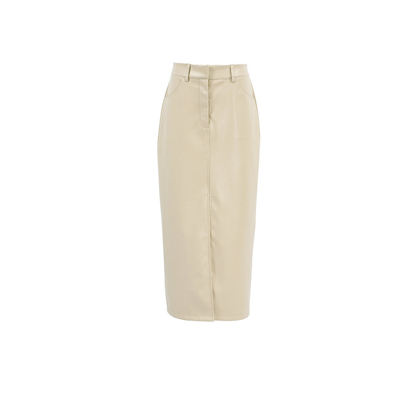 Light Khaki Fleece Lined Artificial Leather High Waist Slit Skirt Autumn Women