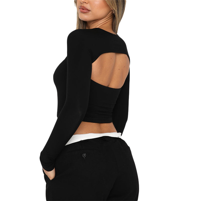 Herbst Winter Frauen Einfarbig Bodenbildung Rundhals T Shirt Backless Sexy Slim Fit Abnehmen Langen Ärmeln T Shirt Top