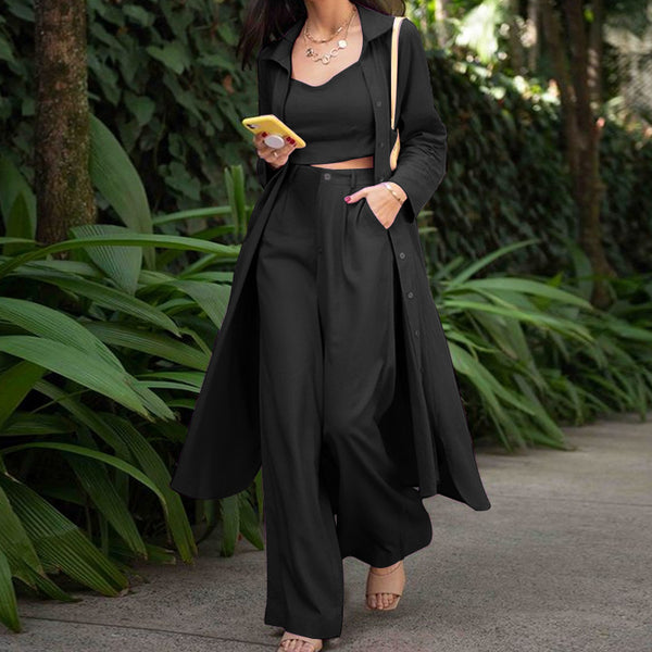 Fall Casual Trench Coat Wide Leg Pants Women Clothing Three-Piece Suit