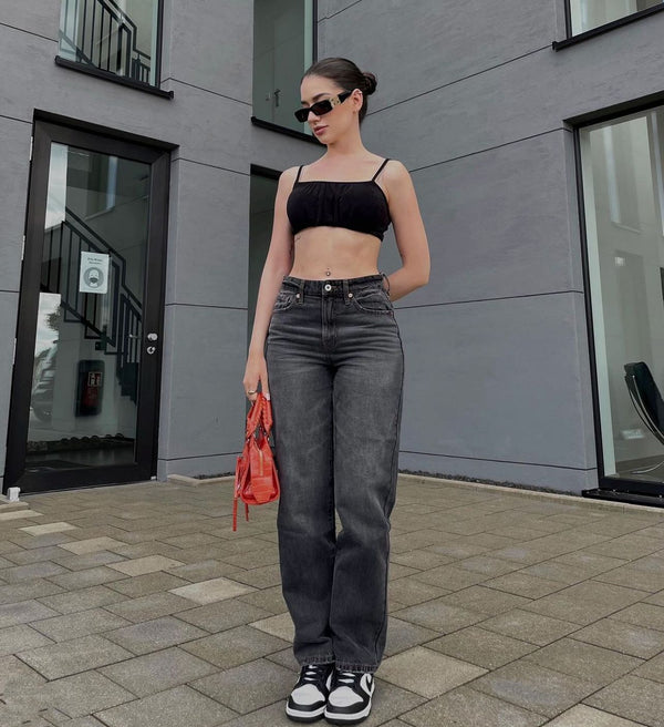 High Waist Straight Jeans Women Pure Black Casual Loose Drooping Street