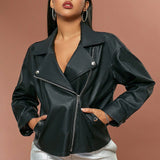 Autumn Winter Fashionable All Match Women Clothing Leather Coat Collared Slim Faux Leather Jacket