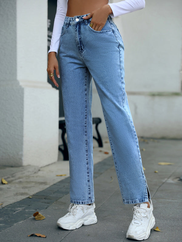 Trendy Denim Trousers Women Straight Simple High Waist Trousers