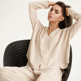 Summer Double Layer Crepe V-neck French Loose Comfortable Long Sleeve Pajamas Women  Cotton Linen Homewear Set - Angelique