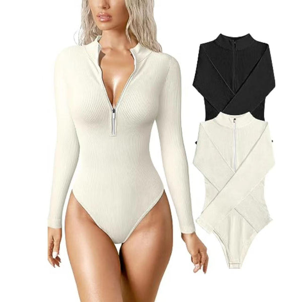 Long Sleeved Jumpsuit Sexy Ribbed One Piece Front Long Sleeve Zipper Top Jumpsuit