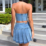 Summer Tube Top Denim Suit Sleeveless Sexy Sexy Bare Cropped High Waist Split Skirt