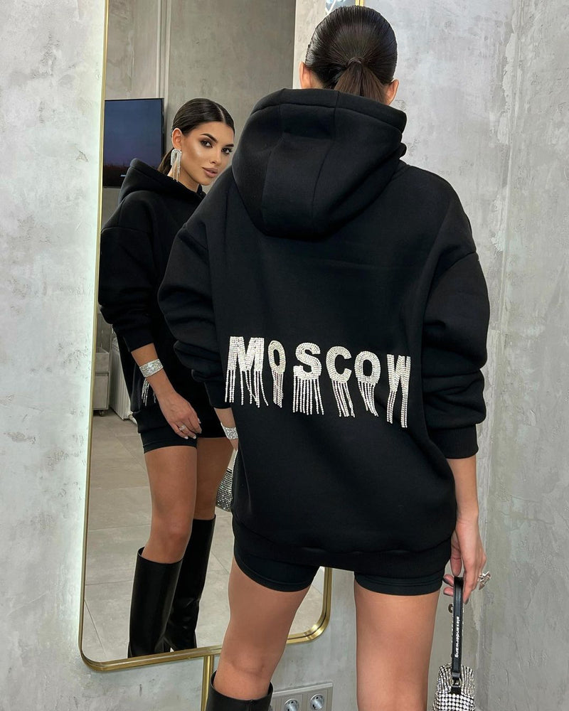 Street Sexy Sweater Trendy Brand for Women Autumn Winter Loose Letters Rhinestone Tassel Hooded Coat for Women