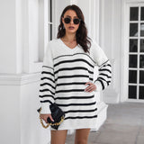 Outer Model Striped V neck Drop Shoulder Long Sleeve Woolen Women Loose Knitted Dress Spring Autumn