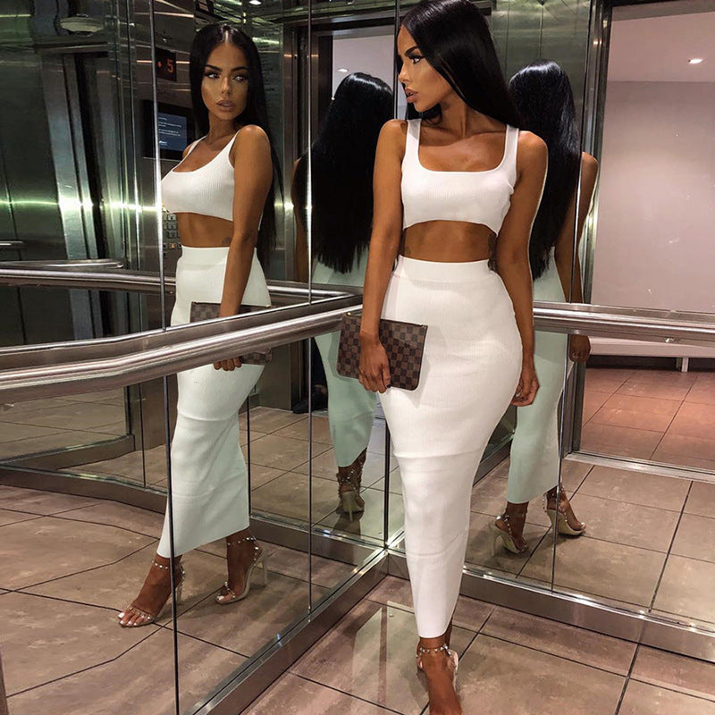 Women Clothing Sexy Vest Two-Piece Set Crop-Top Short Top Fried Street Suit Skirt Summer