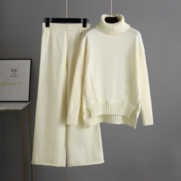 Autumn Winter Lazy Wind Loose Turtleneck Sweater Suit Women Western Wide Leg Pants Two-Piece Suit Women