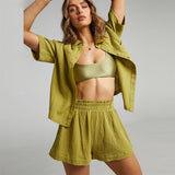 Solid Color Shirt Outfit Women  Casual Loose Short Sleeves Single Breasted Women  Clothing Spring Summer Shorts Two Piece Set - Angelique