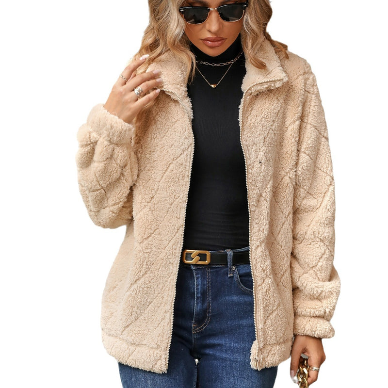 Women Clothing Autumn Winter Long Sleeve Cardigan Zipper Diamond Plush Coat Women