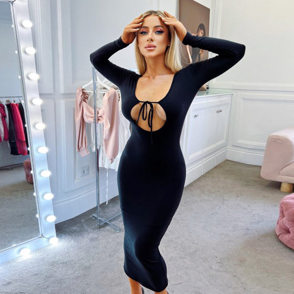 Women Sexy Long Sleeve Hollow Out Cutout Backless Tied Slim Fit Pure Sexy Dress for Women