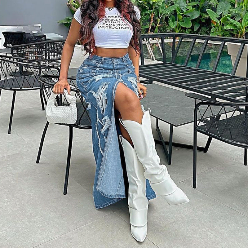 Women Streetwear Raw Hem Ripped Stitching Metal Buckle High Waist Slit Denim Skirt Long Skirt Autumn