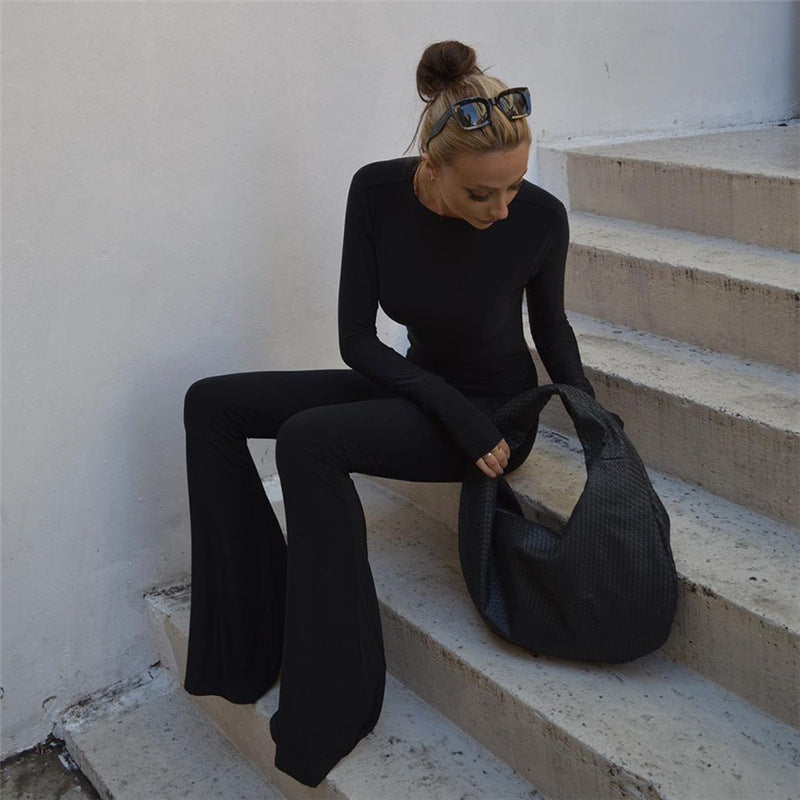 round Neck Long Sleeve Jumpsuit Slim Fit Backless Outer Wear Base One Piece Trousers Hip Raise High Waist Bell Bottom Pants Women