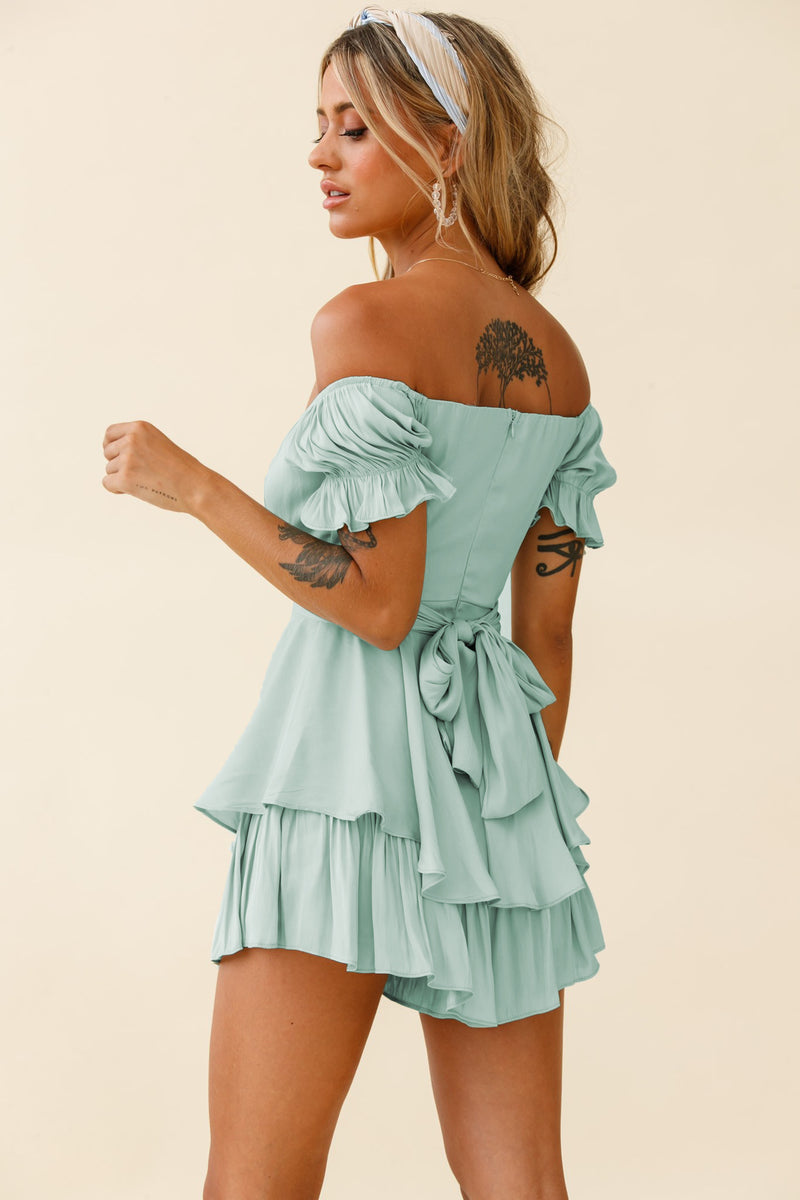 Solid Color Fashion Sexy off Neck Lantern Ruffle Sleeve  Casual Summer Women Clothing Short  Romper - Angelique