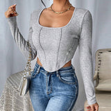 Frauen Kleidung Herbst Winter Slim Fit Kurze Gestrickte Lange Ärmeln T-shirt Asymmetrische Tops