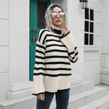 Popular Striped Side Slit High Collar Mid Length Sweater Women Loose Autumn Winter Sweater