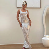 Metallic-beschichteter Stoff, Sommer, einfarbig, ärmellos, sexy Riemen, schmale Passform, Maxikleid, hohe Taille, Damenkleid