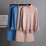 Autumn Winter Knitting Suit Women Trendy Semi-High Collar Sweater Thickened Outer Wear Loose two piece set