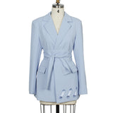 Women Clothing Coat Autumn Winter New Sky Blue Big Eyelet Belt Design Internet Celebrity Blazer